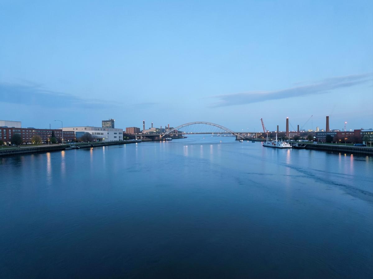 The River Tees waterfront at dusk in Teesside