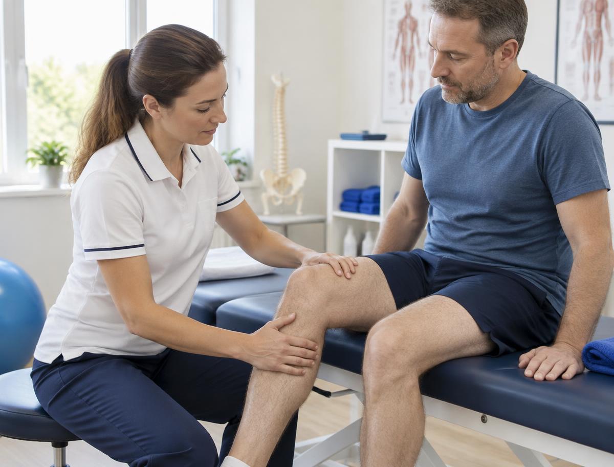 Physiotherapist carrying out a careful knee assessment with a patient